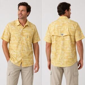 Columbia PFG Fish Print Yellow Fishing Shirt Men’s Large Short Sleeve